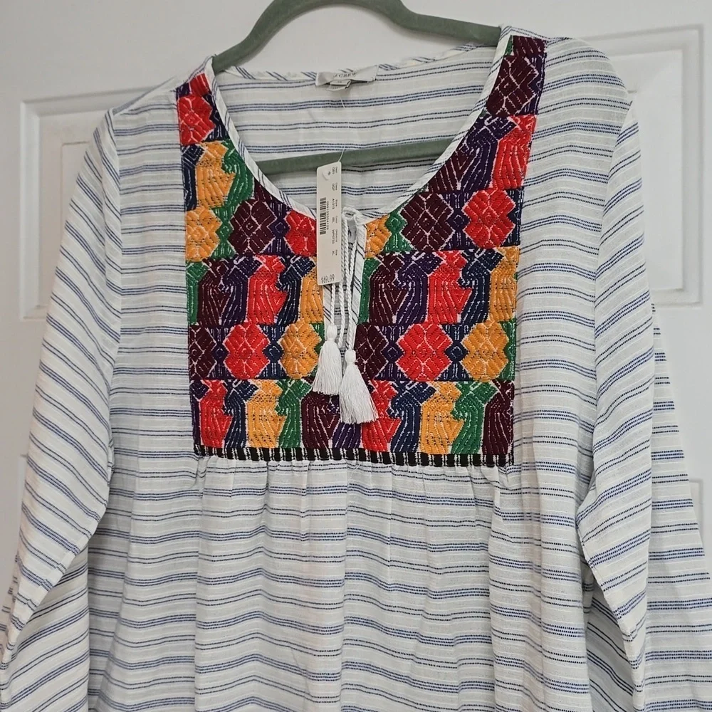 J. Crew Multicolor Embroidered Striped Tunic Dress Bohemian Style